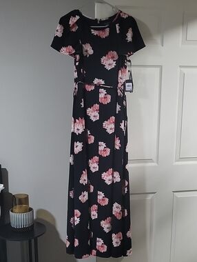 Black Floral Maxi Dress with Pink Blooms